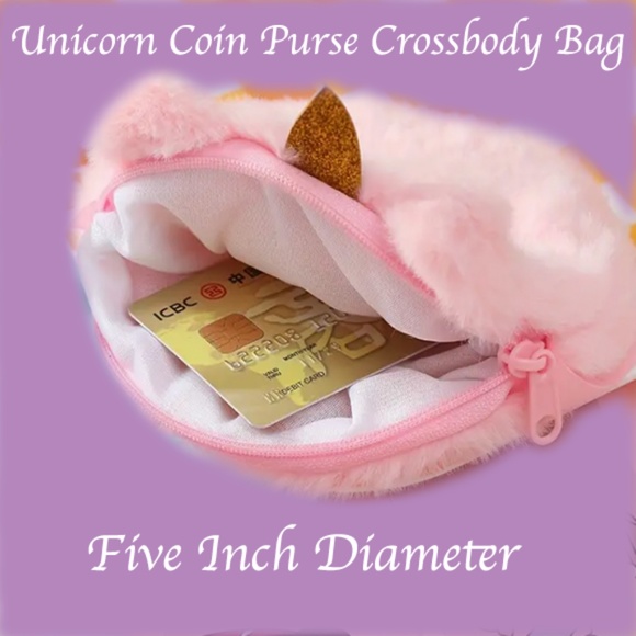Round Unicorn Bag / Coin Purse Plush Wallet Cute Shoulder Bag - 5" Diameter -NWT - Picture 3 of 4